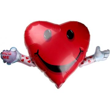 Балон фолио с формата на сърце червен с ръчички и усмивка 65 см.