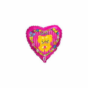 Балон фолио с формата на сърце цикламен с мечета и надпис " Love me"