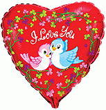 Балон фолио с формата на сърце червен с надпис " I love you" и птиченца