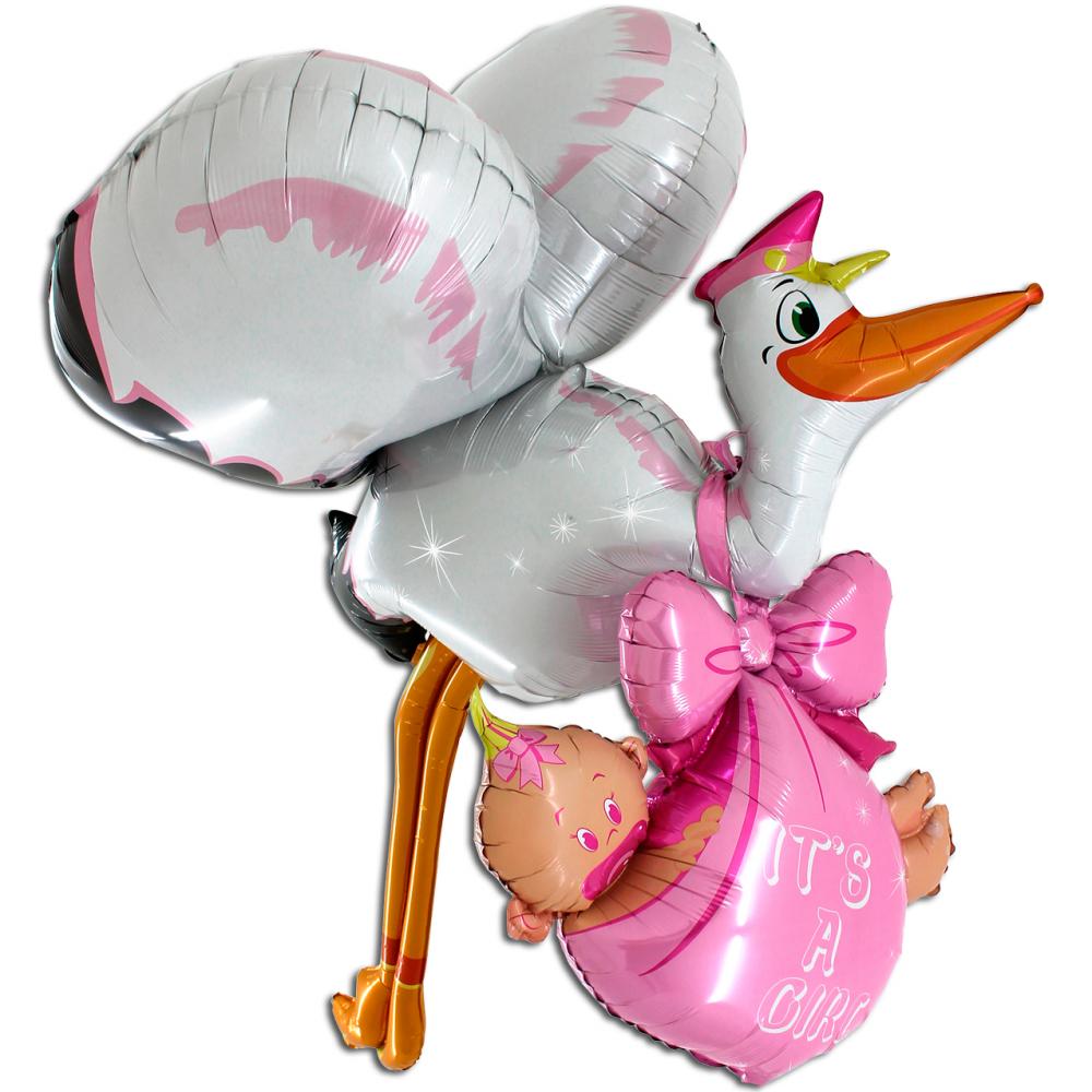 Балон щъркел с бебе розов