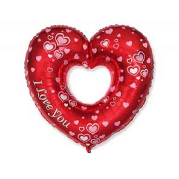 Балон фолио с формата на сърце червен 80 см. с надпис I love you сърце в сърце