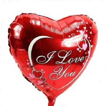 Балон фолио с формата на сърце червен със сърчица и надпис I love you
