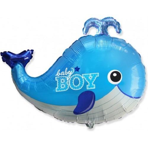 Фолиев балон кит с надпис BABY BOY в синьо