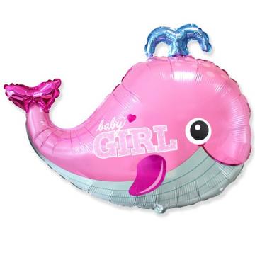 Фолиев балон кит с надпис BABY GIRL в розово